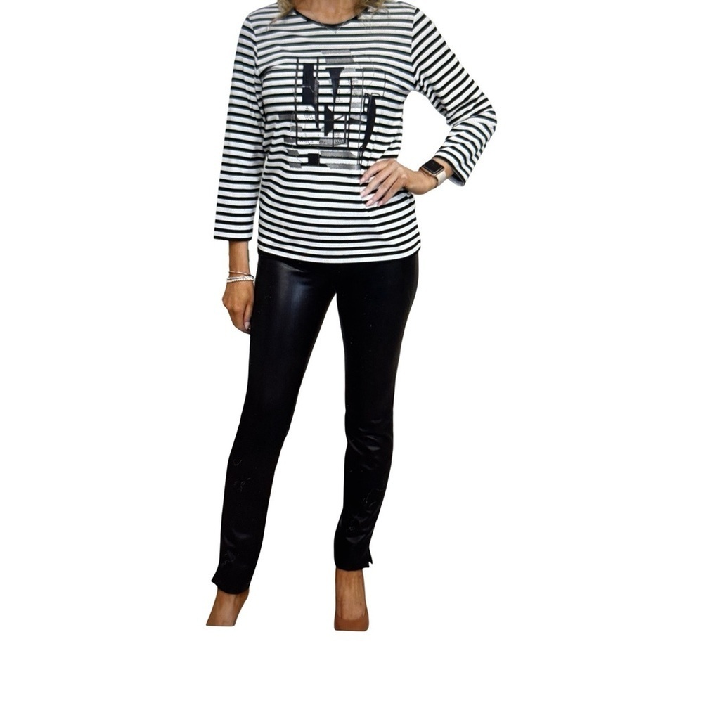 Striped Black and White Top With Grey Diamante Graphic